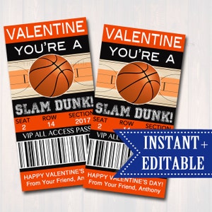 EDITIERBARE Basketball Ticket Valentinstag Karten, SOFORTIGER DOWNLOAD, druckbare Kinder Valentine, Junge Klassenzimmer Valentine, You're a Slam Dunk