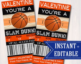EDITABLE Basketball Ticket Valentine&#39;s Day Cards, INSTANT DOWNLOAD, Printable Kids Valentine, Boy Classroom Valentine, You&#39;re a Slam Dunk