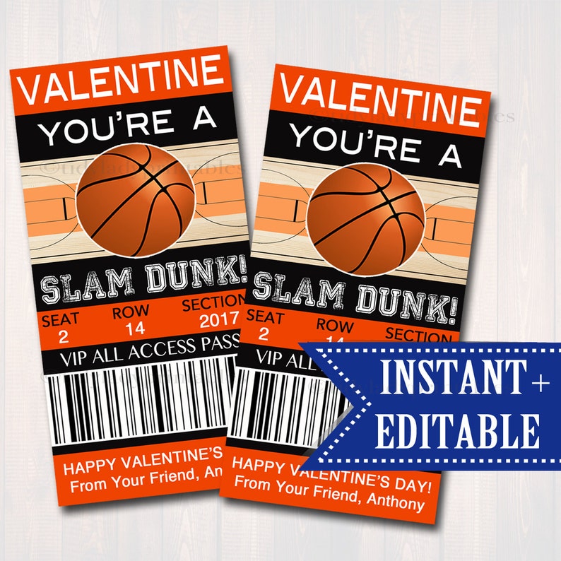 EDITABLE Basketball Ticket Valentine's Day Cards, INSTANT DOWNLOAD, Printable Kids Valentine, Boy Classroom Valentine, You're a Slam Dunk 