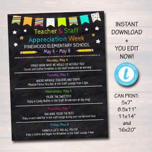 EDITABLE Teacher Appreciation Week Itinerary Poster, Digital File, Appreciation Week Schedule Events, INSTANT DOWNLOAD Fundraiser Printables