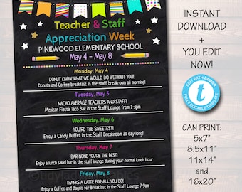 May include: A printable chalkboard style sign for Teacher & Staff Appreciation Week at Pinewood Elementary School. The sign lists daily activities for the week of 4th May to 8th May. The sign is decorated with colourful stars and rainbow stripes.