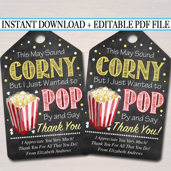 EDITABLE Popcorn Thank You Tags Teacher Appreciation Treat Tag 