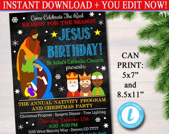 Nativity Christmas Flyer Invitation, Reason for the Season, Jesus Birthday, Religous Church Program, INSTANT DOWNLOAD, Christmas Invitation