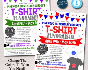 May include: A colorful flyer for a Pinewood Elementary School T-shirt fundraiser. The flyer features a red, white, and blue color scheme with a cartoon image of a t-shirt. The flyer includes the text "Please join us for Pinewood Elementary School's T-shirt Fundraiser" and "April 19th - May 20th".