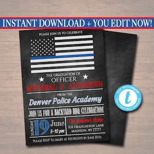 Police Academy Graduation Invitation Chalkboard Printable Digital College Grad Invite, Retirement Party Cop Detective BBQ, EDITABLE TEMPLATE