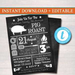 EDITABLE Pig Roast Invitation, Company Picnic, Family Picnic, BBQ Invite, Picnic Invitation, Barbecue Party, Summer Backyard Party Invite