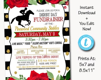 Derby Fundraiser Flyer, Invitation, Red Roses Invite, Benefit Charity Nonprofit Hat Contest Party, Preppy Hat Derby Day, EDITABLE TEMPLATE