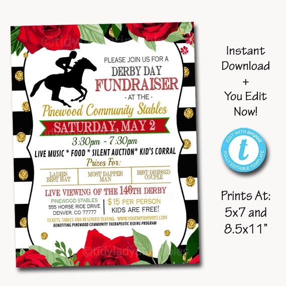 Derby Fundraiser Flyer, Invitation, Red Roses Invite, Benefit Charity Nonprofit Hat Contest Party, Preppy Hat Derby Day, EDITABLE TEMPLATE Il_570xn