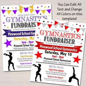 May include: A flyer for a gymnastics fundraiser at Pinewood School. The flyer is red, white, and blue with a silhouette of a gymnast. The event is on Saturday, 10th May from 5pm to 8pm at the Pinewood School Gymnasium. The flyer includes the address and a ticket price of £20 per person.