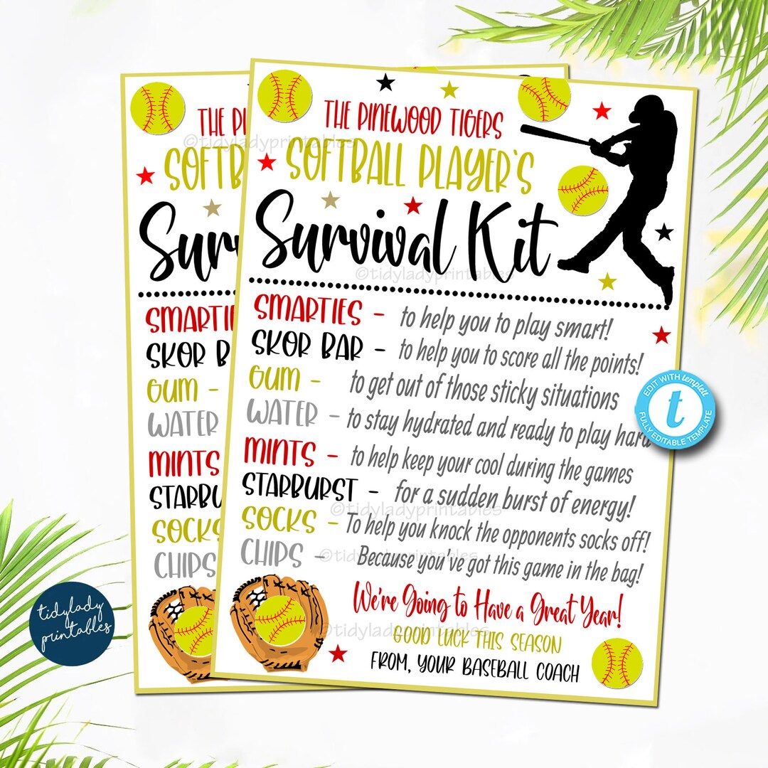EDITABLE Softball Survival Kit Printable, Softball Player Gift, Team