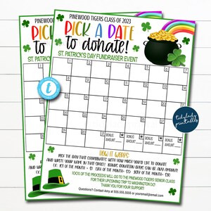 St. Patrick&#39;s Day Fundraiser Calendar, Pick a Date to Donate March Sponsership Membership Donation Signup Printable Handout Form EDITABLE