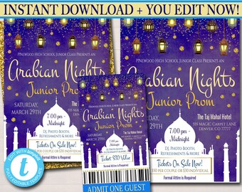 Arabian Nights Prom Set: Editable Dance Flyer, Invitation, Ticket (Digital Download)