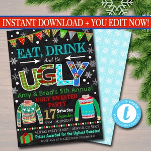 EDITABLE Ugly Sweater Party Invitation, Christmas Party Invitation Holiday Eat, Drink & Be Ugly Christmas Party, Holiday Ugly Sweater Invite