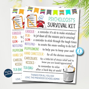 EDITABLE Pschologist Survival Kit Imprimable, Conseiller, Thérapeute Mental Health Worker Appreciation Day, Merci Gift Idea TEMPLATE