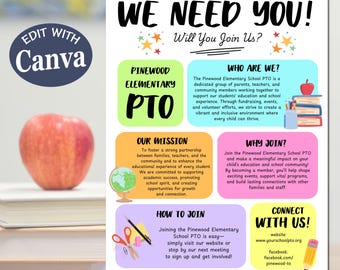 Editable PTA/PTO Flyer Template: School Event, Volunteer Sign-Up (Digital Download, 8.5x11 in)