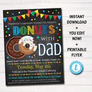 EDITABLE Donuts With Dad Printable PTA Flyer, Father's Day Event, School Dad Appreciation Fundraiser Digital Invitation image 1