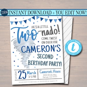 Tornado Birthday Party Invitation, Storm Chaser Second Birthday Two-nado Kids Party, Boys Twister Birthday Invite, DIY EDITABLE Template