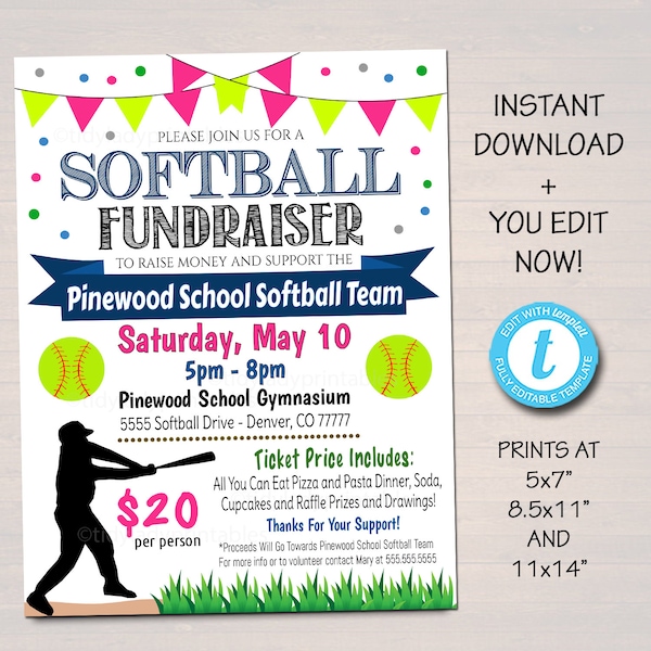 EDITABLE Softball Fundraiser Flyer, Printable PTA PTO Flyer, School Benefit Fundraiser Event Poster Digital Party, Little League Invitation