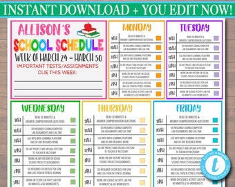 Puede incluir: Una plantilla de horario escolar imprimible colorida para la semana del 24 de marzo al 30 de marzo. La plantilla está diseñada para una estudiante llamada Allison e incluye tramos horarios diarios de 9 a. m. a 3 p. m. Cada día tiene una lista de actividades, que incluyen leer, responder preguntas de comprensión, codificar, matemáticas, arte, historia, estudios sociales, gimnasio, ciencias y hojas de trabajo.