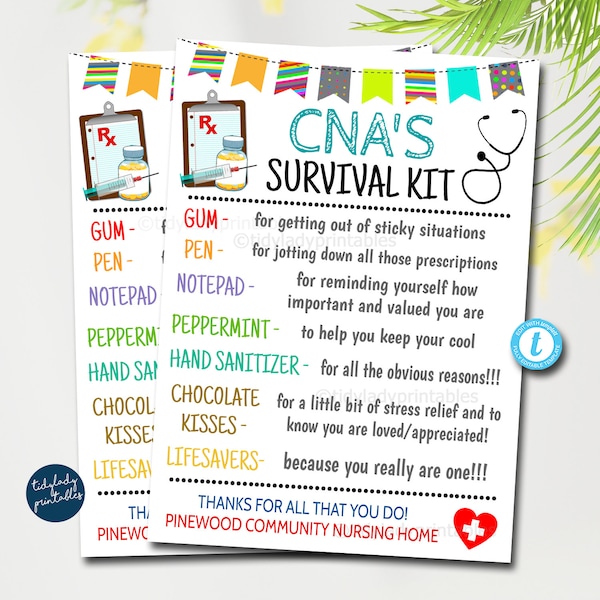 CNA Survival Kit Gift Tags, National Nursing Assistants Day, CNA Appreciation Week, Thank you Gift Card, Printable DIY Editable Template