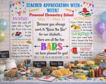 Editable Raise The Bar Theme Teacher Appreciation Week Itinerary Poster, School Pto Pta Employee Staff Thank You Event Poster (Digital File)