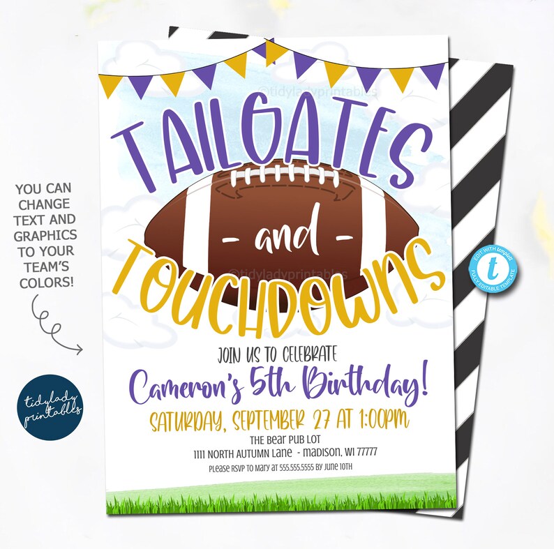 Football Invite Tailgates and Touchdowns Kick Off Party Invitation Football Birthday Party template Any Team Sports Fall
