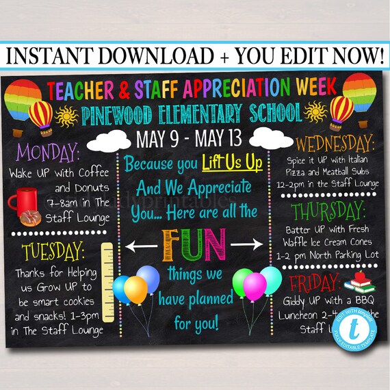 EDITABLE Teacher Appreciation Week Itinerary Poster, Digital File, Appreciation Week Schedule Events, INSTANT DOWNLOAD Fundraiser Printables Il_570xn