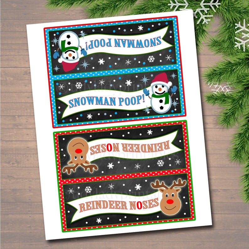 May include: Four printable Christmas gift tags with a chalkboard background. The tags feature a snowman, reindeer, and the text "Snowman Poop!" and "Reindeer Noses".