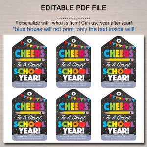 EDITABLE Cheers to a Great School Year, Back to School Tags, Teacher ...