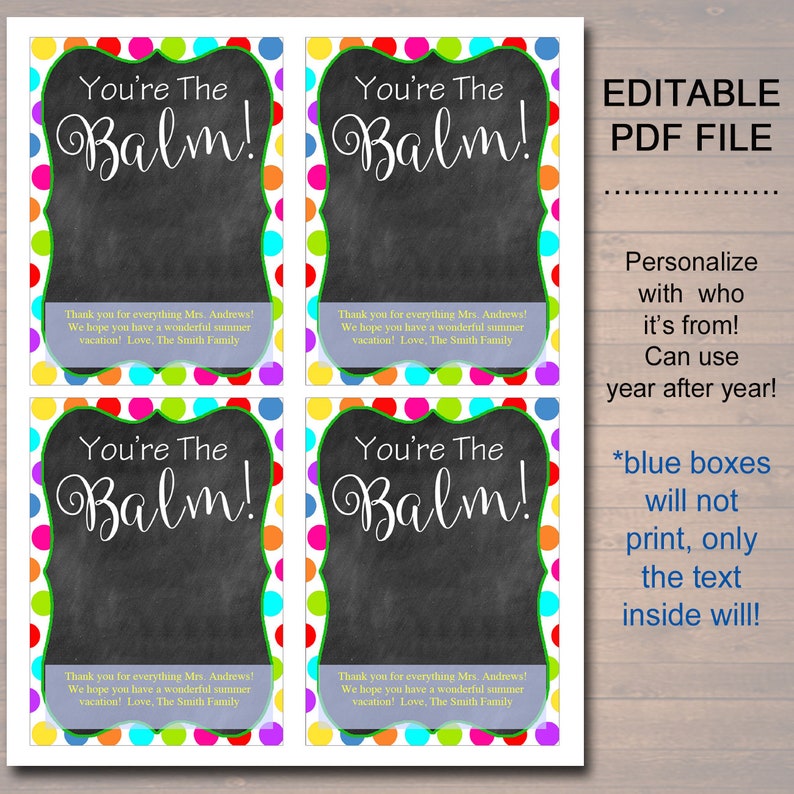 EDITABLE Lip Balm Tags, End of School Year Teacher Gift INSTANT DOWNLOAD Printable Teacher Appreciation Teacher You're the Balm Digital Card image 2