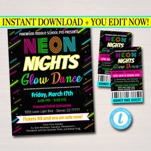 EDITIERBARE Glow Dance Set School Dance Flyer Party einladen, Kirchengemeinschaftsveranstaltung, Neon Nights High School Dance, Pt pta, INSTANT DOWNLOAD