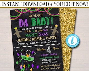 May include: A Mardi Gras themed gender reveal party invitation with a chalkboard background. The invitation features a green, purple, and gold color scheme with a cartoon gingerbread man and a Mardi Gras mask. The text reads "We've got Da Baby! Come find out what it will be. A little he or little she? Mardi Gras Gender Reveal Party Honoring Mark and Jenny Andrews. Saturday, 4 - March, 2:00PM - 6:00PM, Jenny and Mike's House, 4321 Mardi Street, Denver, CO 55555. The couple is registered at Amazon.com & Target. RSVP to: Amy at 555.555.5555 by February 17th."