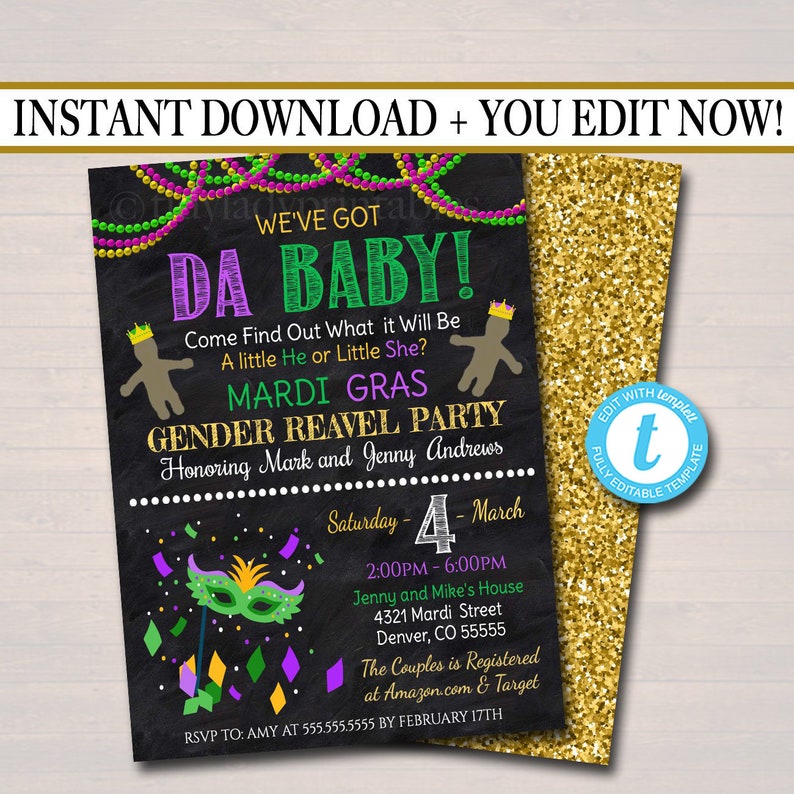 EDITABLE Mardi Gras Gender Reveal Party Invitation, Green Purple Gold Invite Baby Shower Sprinkle King or Queen New Orleans INSTANT DOWNLOAD image 1