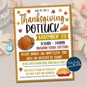 Sjabloon Thanksgiving-flyer met potluck: bewerkbaar dinerevenement (digitale download)