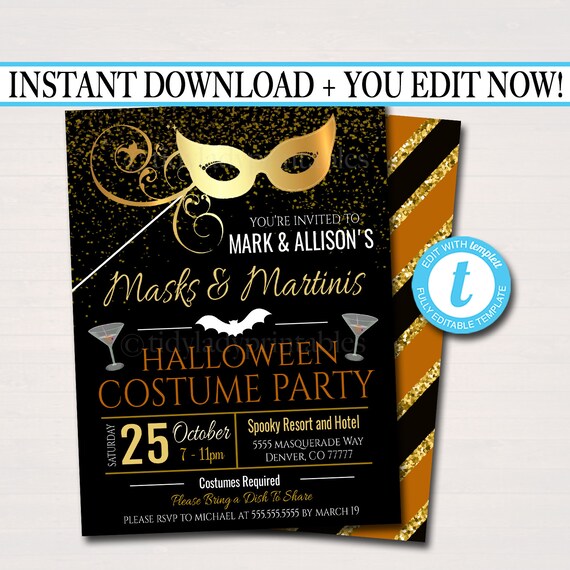 EDITABLE Halloween Masquerade Costume Party Invitation, Printable Adult Cocktail Halloween Party Invite, Masks & Martinis, INSTANT DOWNLOAD Il_570xn