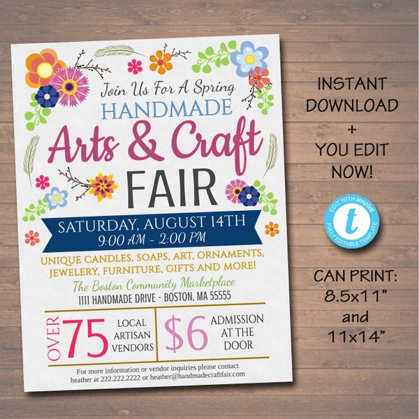 EDITABLE Craft Fair Flyer, Spring Summer Craft Show Invitation Handmade Floral Vintage Digital Invite Printable Community Event Church Flyer