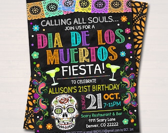 Puede incluir: Una colorida invitación a una fiesta del Día de Muertos con un gráfico de calavera de azúcar, texto que dice "Calling all souls... Join us for a Dia de los Muertos Fiesta!" y detalles para la fiesta de cumpleaños número 21 de Allison el 21 de octubre de 7 a 11 pm en Scary Restaurant & Bar.