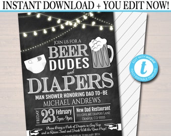 Invitación para baby shower de Beer Dudes & Diapers Man: Diseño de pizarra (Descarga digital)