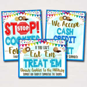 Cookie Booth Sign Set, Doneer cookies aan militaire troepen Stop cookies, accepteer contante creditcard afdrukbare cookie drop banner INSTANT DOWNLOAD