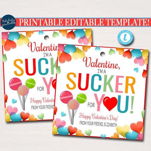 EDITABLE Valentine Sucker Gift Tags, Candy I'm a Sucker for You Valentine Gift Tag, Classroom School Teacher Staff, Valentine Label Template Il_570xn