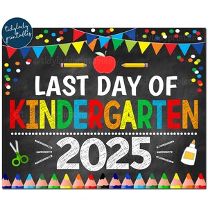 Ultimo giorno di scuola materna 2025, cartello di fine scuola stampabile, striscione con coriandoli per bambini nei colori primari, download digitale istantaneo
