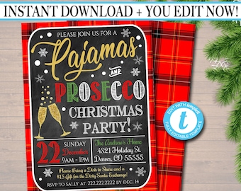 Uitnodiging kerstfeest pyjama en prosecco: geruite kerstbrunch (sjabloon INSTANT DOWNLOAD)