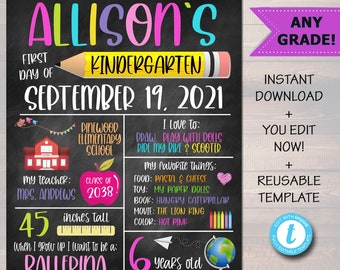 First Day of School Sign: Girl Stats, Keepsake Photo Prop (Editable Template)
