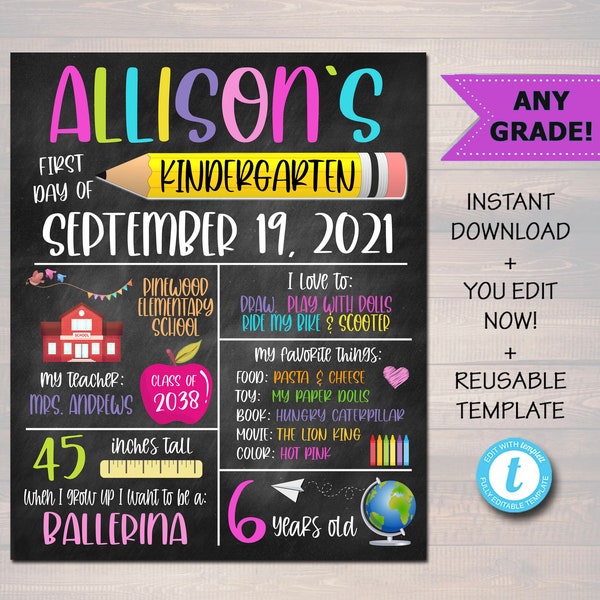 First Day of School Printable Back to School Sign, Girl Child Stats Details Keepsake Photo, Back to School Digital File, EDITABLE TEMPLATE