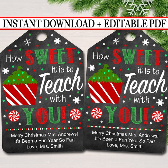 Christmas Teacher Coworker Favor Tags, Holiday School Appreciation Labels Printable INSTANT + EDITABLE, Xmas Candy Cookie Treat Gift Tag Il_570xn