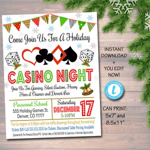 EDITABLE Holiday Casino Night Flyer School Event Cards Party Invitation, Christmas Church Community Bingo Poker, pto, pta, INSTANT DOWNLOAD