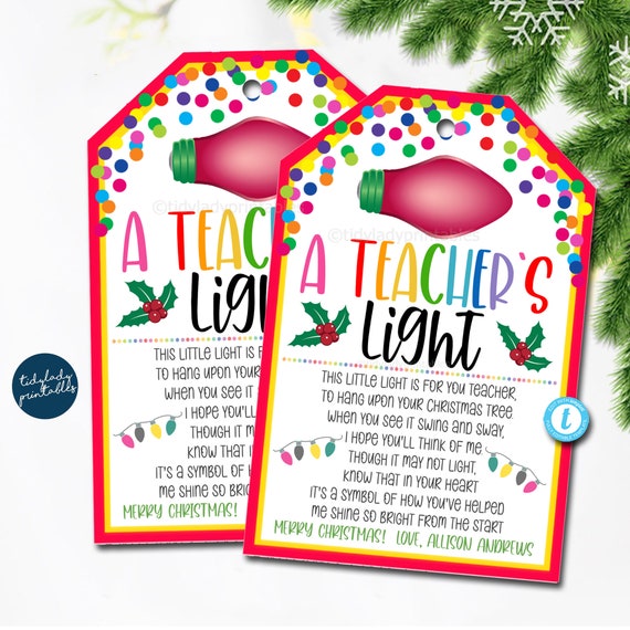 A Teachers Light Gift Tag, Glitter Ornament Gift Idea, Teacher Christmas Ornament, School pto pta Holiday Gift For Teacher EDITABLE TEMPLATE Il_570xn