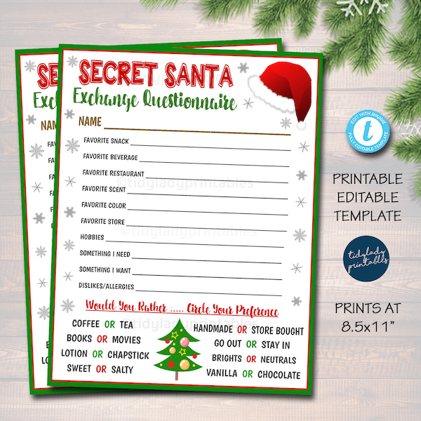 Secret Santa Gift Exchange Printable, Geschenkfragebogen, Lieblingsdinge, Umfrage, Geschenkliste, Geschenkideen für Weihnachten, EDITIERBARE VORLAGE