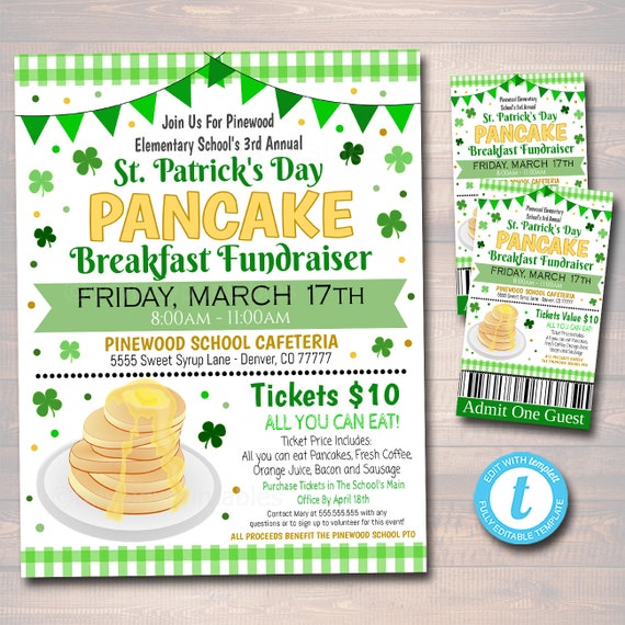 St. Patricks Day Pancake Breakfast Fundraiser Flyer and Ticket Etsy