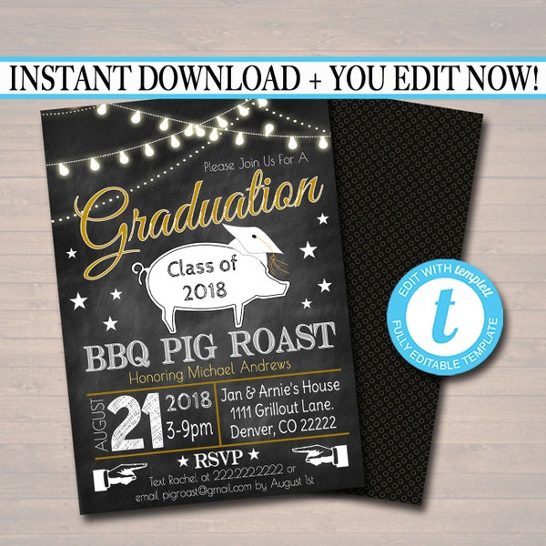 Editable Pig Roast Graduation Invitation Chalkboard Printable Digital College Grad Invite, Guy, Man Senior Grad Party, Grill & Chill BBQ